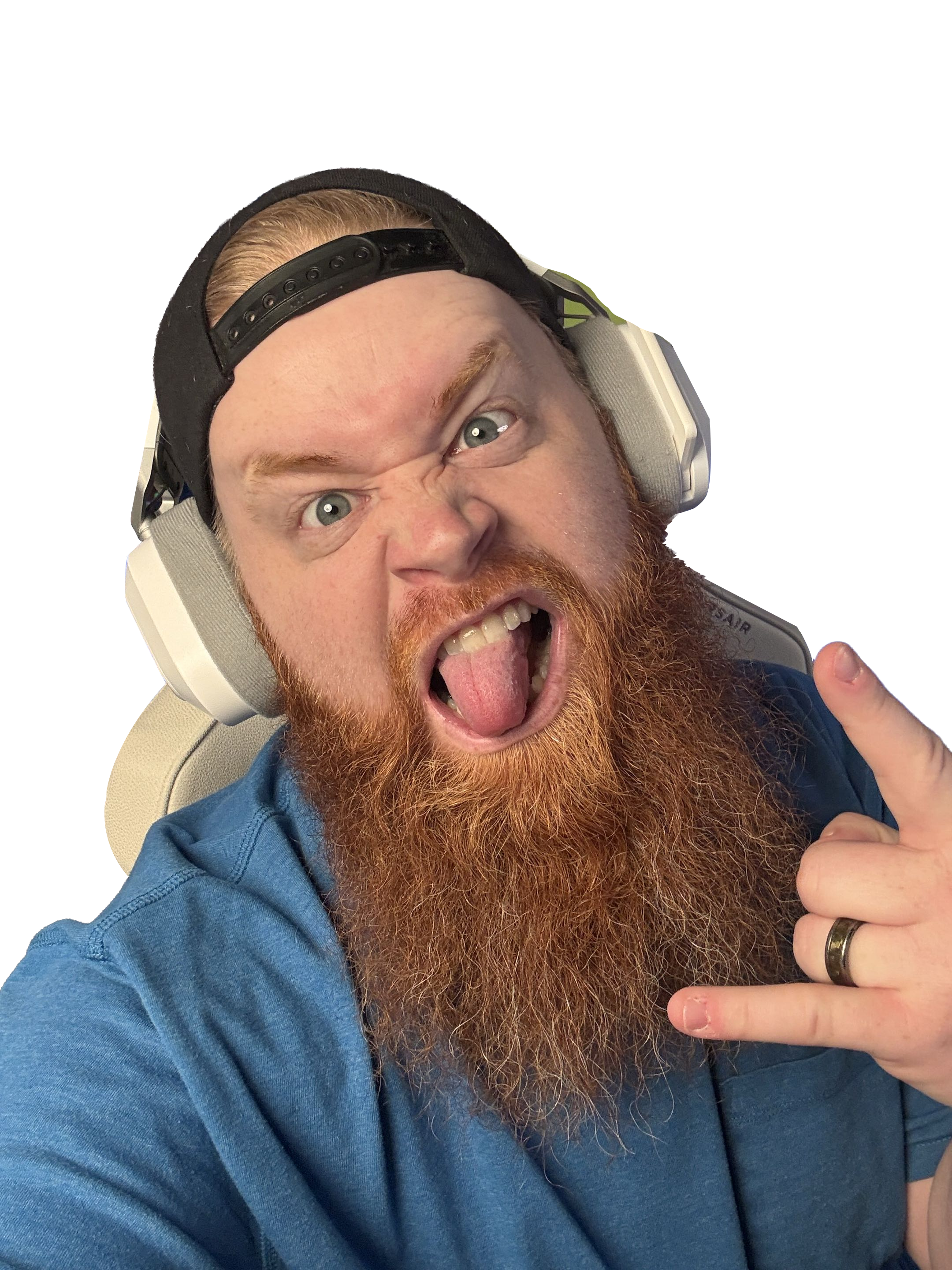 Kodeations, content creator making a rock-on gesture with Corsair headphones